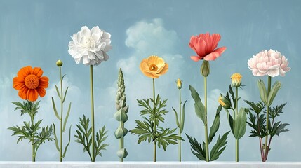 Garden scenes filled with a variety of colorful flowers and plants capturing the beauty and tranquility of nature Illustration, Image, , Minimalism,