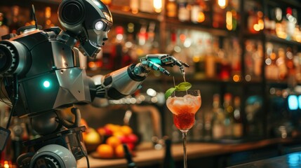 The picture of the robot that working as the bartender at the bar also serving the beverage or cocktails, the bartender require skill ingredient knowledge, menu development and flavor pairing. AIG43.