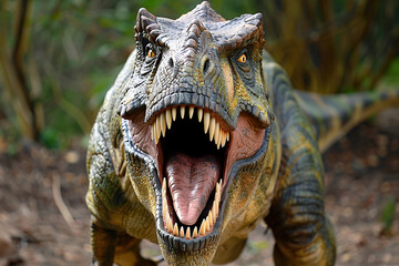 Obraz premium Generative ai on theme of big scary hungry dinosaur with kind eyes and sharp teeth destroying park