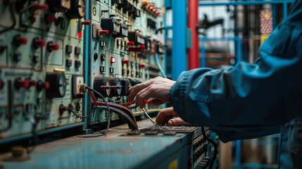 A technician manipulating controls on complex industrial electrical equipment, indicative of hands-on work in a high-tech manufacturing setting, symbolizing precision and technical expertise.