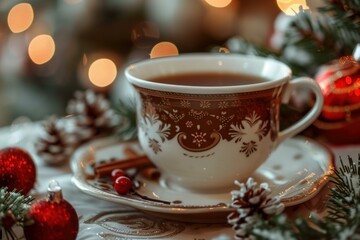 Christmas tea time with steaming cup and festive decorations creating a cozy holiday mood