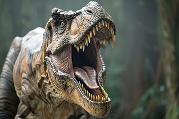 Obraz premium Generative ai on theme of big scary hungry dinosaur with kind eyes and sharp teeth destroying park