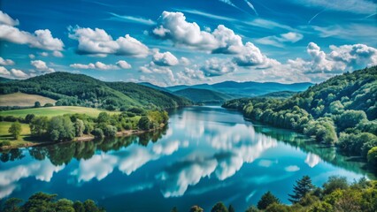 Obraz premium A stunning landscape featuring a winding river or lake surrounded by lush green forests and rolling hills. 