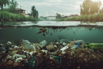 Polluted river with industrial waste under water view 