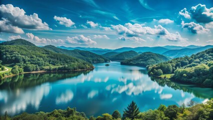 Fototapeta premium A stunning landscape featuring a winding river or lake surrounded by lush green forests and rolling hills. 