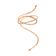 Piece of string watercolor illustration. Butchers twine line. Rustic rope for flower bouquets. Design element isolated from background. Organic natural cord loop for traditional packaging or gifts