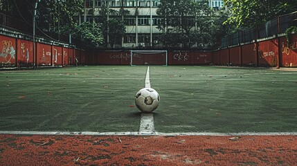 A soccer field in an urban setting with a ball placed at the midfield line. The surroundings include buildings and graffiti-covered walls.