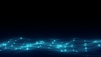 Dark cyberspace in digital background. Abstract technology wave with motion glowing dots and lines. Connection big data. Futuristic wireframe texture. Analysis a network connection. 3D rendering.