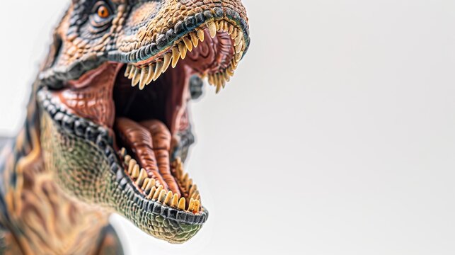 Detailed close-up of a terrifying toy dinosaur with its mouth wide open, revealing sharp, menacing teeth, capturing a realistic and fierce prehistoric predator ready to strike.
