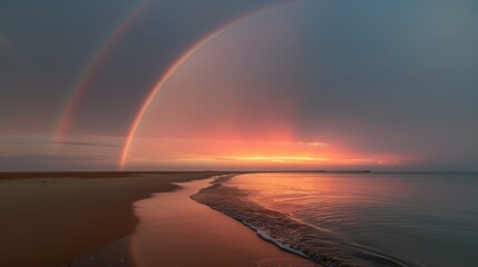 Vibrant sunset over a tropical beach with a rainbow arching across the sky capturing the beauty of a serene evening on the coast Illustration, Image, , Minimalism,