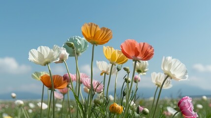 Fototapeta premium Fields of blooming spring flowers in various colors creating a picturesque landscape of natural beauty and renewal Illustration, Image, , Minimalism,