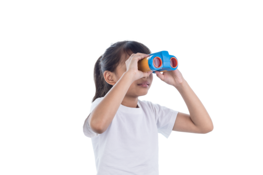 Happy girl looking ahead. Asian girl with Colorful Binoculars Isolated On White Background with clipping path. Children's toy.