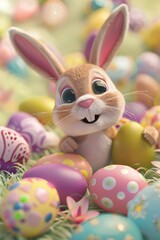 Fototapeta premium A small bunny surrounded by colorful Easter eggs