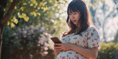 Naklejka premium A pregnant woman looks at her cell phone on the go