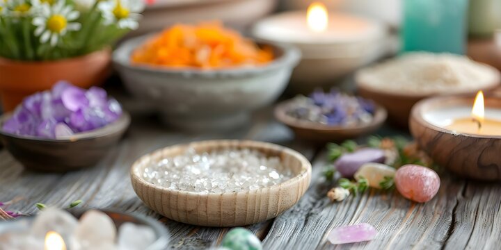 Wooden table adorned with crystals herbs candles and handmade toys for rituals. Concept Rituals, Altar Decor, Crystal Healing, Handmade Crafts, Sacred Space