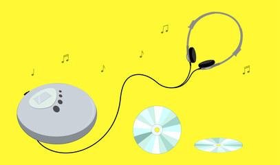Retro old portable walkman CD player  with earphones and CD on yellow background. Vintage music player entertainment from 90s, 1990 technology, vector illustration. 