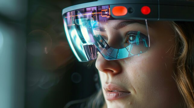 High-tech augmented reality headset with micro details, highlighting the intricate design and technological innovation of wearable devices, representing the future of interactive digital experiences.