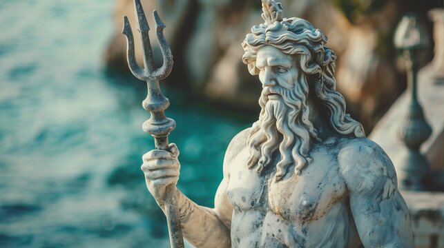 A majestic statue of Poseidon, the Greek god of the sea, is seen holding a trident with the ocean in the background, symbolizing power and calmness.