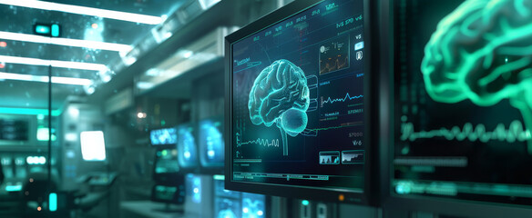 Futuristic digital display showing brain imagery and data in high-tech laboratory.