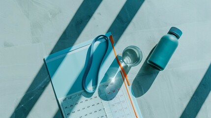 A flat lay of a single resistance band, a water bottle, and a workout plan on a clean surface