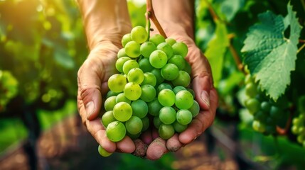 Obraz premium Close-up of hands holding a bunch of ripe green grapes in a vineyard, showcasing the harvest and organic fruit farming.