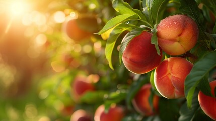 Obraz premium Golden Light Illuminates Ripe Orchard Peaches Hanging On Branch Creating A Calm Natural Harvest Atmosphere Filled With Bright Warm Energy