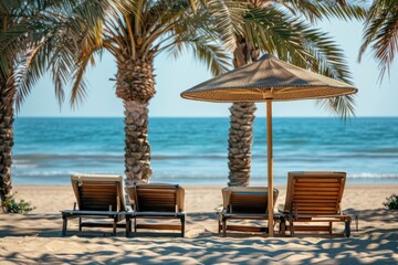 Three lounge chairs sit under a straw umbrella surrounded by tall palm trees, looking out onto a serene beach with calm waters under a clear sky, creating a peaceful retreat.