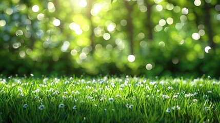 Obraz premium A scenic view of a lush green grassy field in spring, with a blurred bokeh background of blooming flowers and light spots created by the sun peeking through a grove of trees.