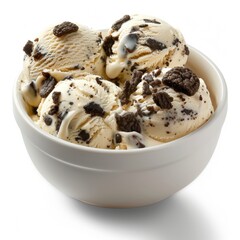 A bowl of cookies and cream ice cream, featuring three scoops with cookie chunks.