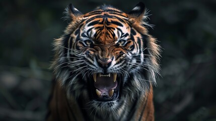 Naklejka premium A powerful image of a tiger snarling with its mouth wide open, displaying sharp teeth. The background is a dense forest, highlighting the tiger's predatory nature and raw power.