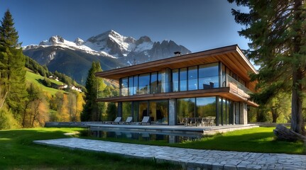 Fototapeta premium Exterior Villa With Large Windows