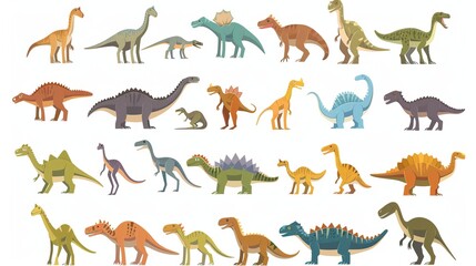 A set of various cartoon dinosaurs in a colorful and detailed vector illustration. The collection showcases numerous species, each rendered in a playful and educational style.