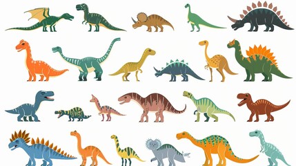 An image of assorted cartoon dinosaurs in a flat vector illustration, showcasing various dinosaur species in a green and brown-themed depiction, appealing to kids and enthusiasts.