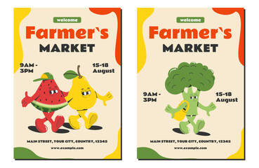 A set of posters, flyers for the farmer's market. Cartoon cute fruits and vegetables: watermelon, pear, broccoli. A bright printing house. Isolated on a white background. Retro style.Vector