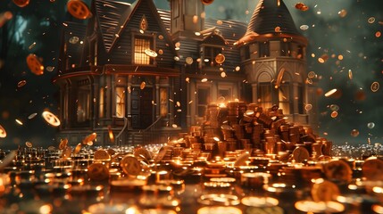 Obraz premium A pile of gold coins is scattered around a house