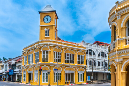 Old town or old buildings with clock tower in Sino Portuguese style is famous landmark of Phuket Thailand