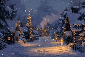 Fototapeta premium Snowy christmas eve in a small town, with christmas lights illuminating the snow