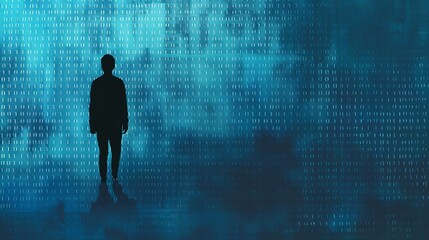 A lone silhouette of a person stands against a backdrop of a blue digital matrix, symbolizing the anonymous and immersive nature of the digital world and cybersecurity environment.