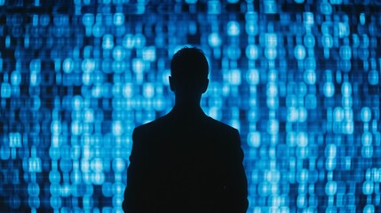 A silhouette from behind stands against a striking backdrop of blue binary codes, highlighting the significant yet enigmatic relationship between humans and the digital technology landscape.