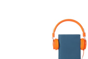 PNG, Book with modern headphones, isolated on white background.