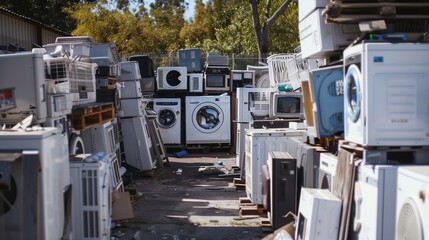 An outdoor yard filled with various discarded washing machines, showcasing the need for recycling and the challenges of disposing of electronic and household waste sustainably.