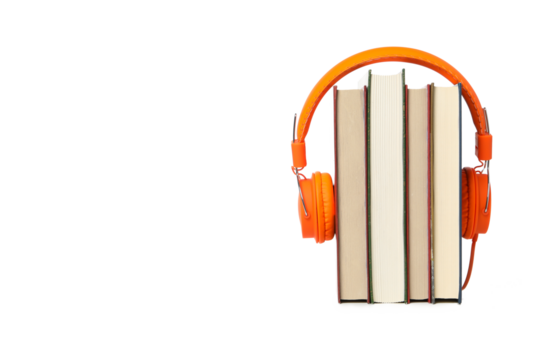 PNG, Books with modern headphones, isolated on white background.
