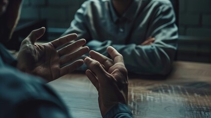 This image shows a prisoner seated at a table, gesturing with his hands while discussing his case with another individual, highlighting the communication and legal aspects incarcerated individuals fa