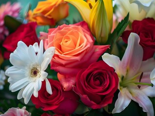 Fototapeta premium A vibrant bouquet featuring red roses, an orange-pink rose, white daisies, yellow lilies, and white lilies with pink accents, all set against lush green foliage.