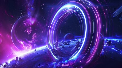 The image is a glowing purple and blue planet with a glowing white ring around it. The planet is in the center of the image with a bright light shining from behind it. There are also bright lights in