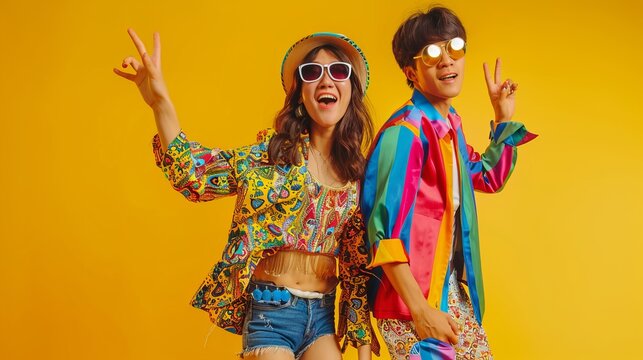 A cheerfully dressed pair in colorful, vibrant outfits pose energetically against a bright yellow background, showcasing joy and celebration with an energetic vibe.