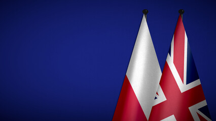 3D rendering of two flag from Poland and United Kingdom on flagpoles with Blue background for diplomatic. bilateral relations. peace and conflict between countries. Fabric