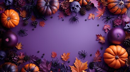 flat lay halloween decorations on purple background top view halloween banner mockup,pumpkins skeleton hands ghosts spiders webs maple leaves on purple background,stock image