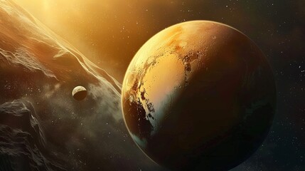 Obraz premium A breathtaking image of a planet bathed in golden sunlight, set against the vast, mysterious backdrop of space, showcasing the beauty and grandeur of the cosmos.