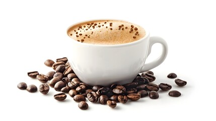 Obraz premium Gourmet Cappuccino with Arranged Coffee Beans on White Background